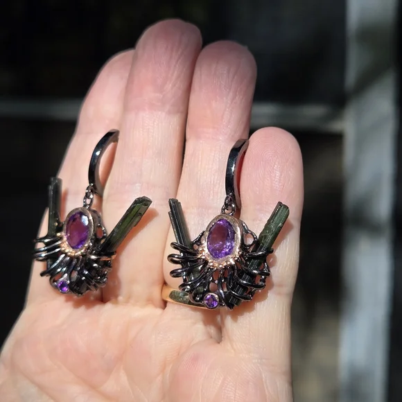 Amethyst & Tourmaline sterling rhodium & gold modern deco earrings - Picture 6 of 12